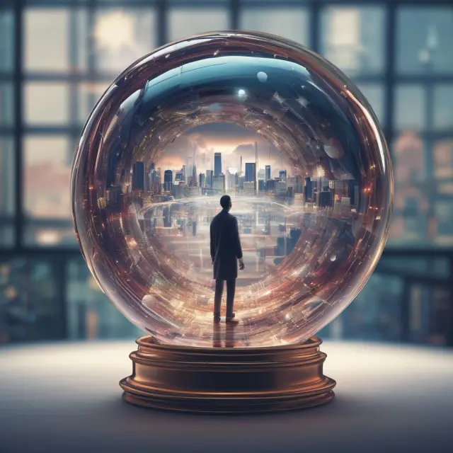 A crystal ball filled with swirling data represents the future DAX index influenced by globalization, technology, climate change, demographics, and regulations.