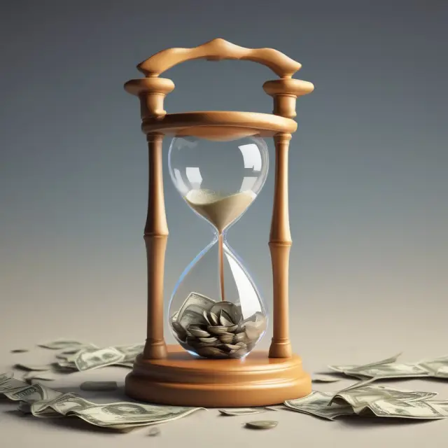 An hourglass shaped as a money market account symbolically calculating interest on actual/360 day-count convention