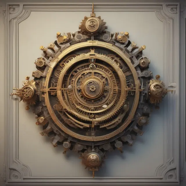 Gears symbolizing various day-count conventions (30/360, 30/365, Actual/Actual, etc.) in a clockwork market scene