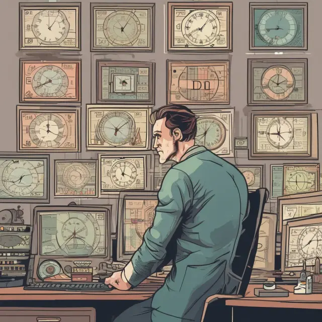 A day trader managing multiple securities using day orders, with a timekeeper clock and several stock tickers