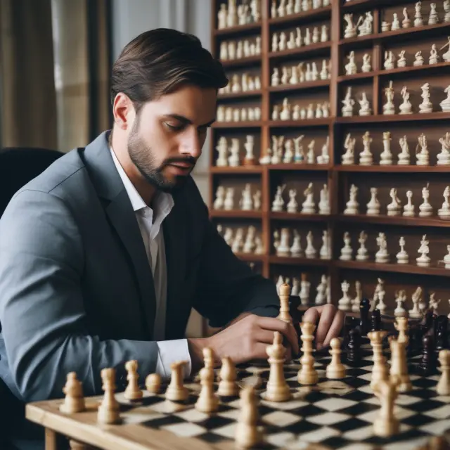 A day trader strategizes with chess pieces atop a digital clock, each piece representing a day order for specific trades