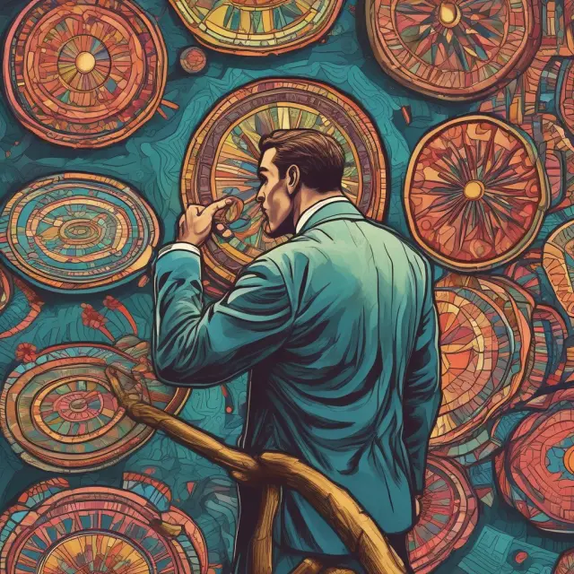A trader closely observes a colorful kaleidoscope representing market fluctuations while managing and monitoring his day orders