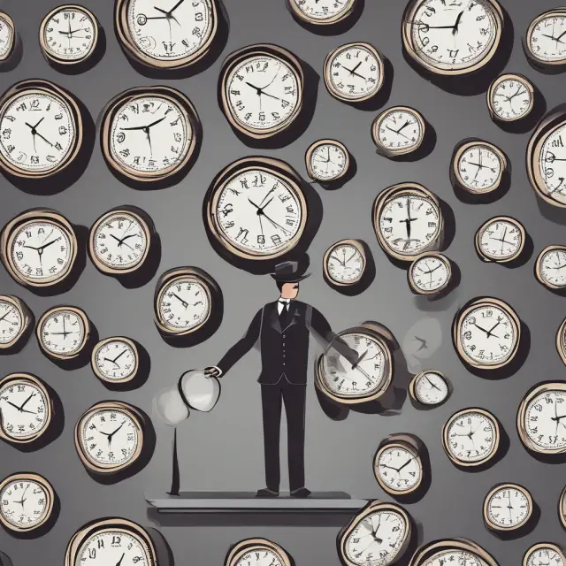 Trader juggling multiple clocks with varying expirations representing day orders in intraday trading, emphasizing risk management amidst market volatility.