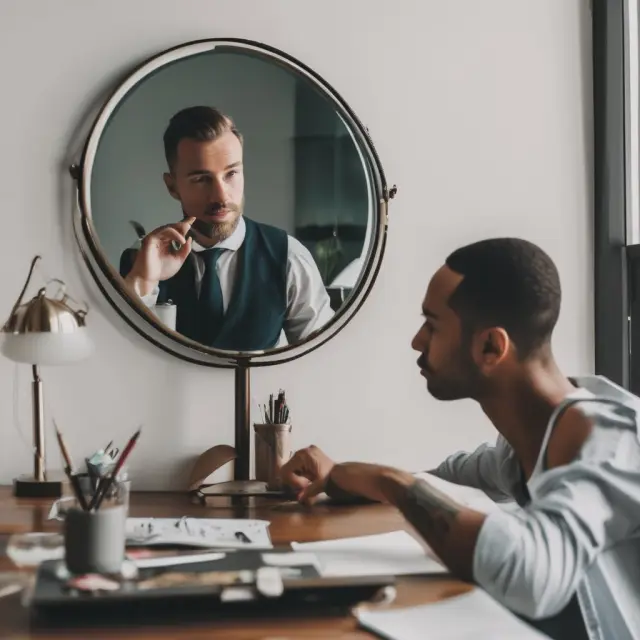 An investor holding up a mirror, reflecting a company