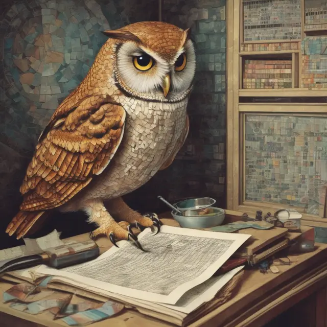 An owl examines a colorful mosaic of financial reports, focusing on the days working capital ratio for insightful investment decisions.