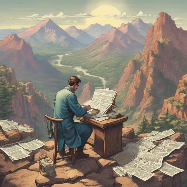 Day trader on top of a mountain made of economic data and trading charts, seeking opportunities amidst shifting markets