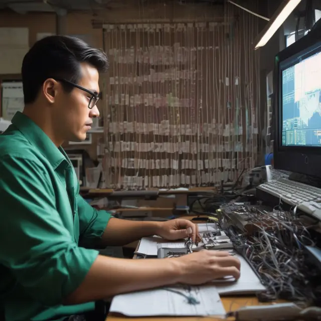 Day trader working at their desk with newspaper and multiple monitors displaying financial charts. Keyword focus: day trading, news, patterns.