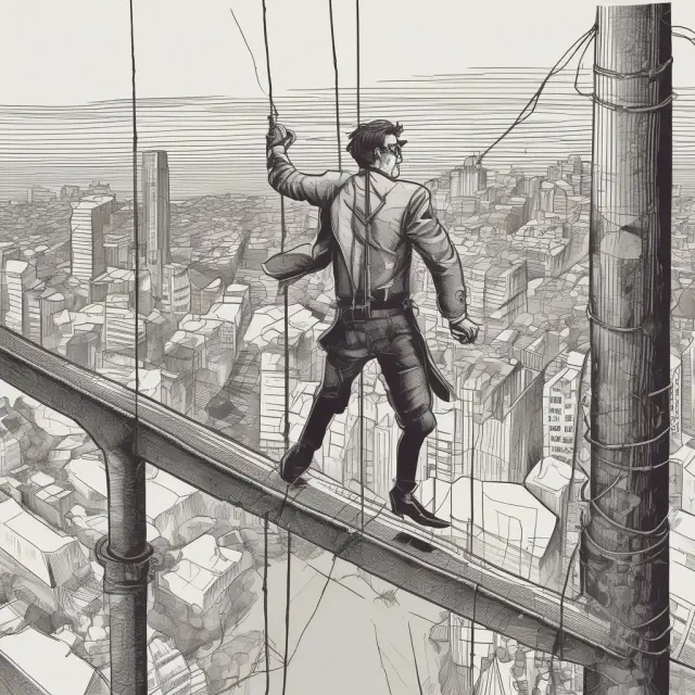 A trader balancing on a tightrope between profitable opportunities and risks, including losses amplified by margin and the impact of emotions