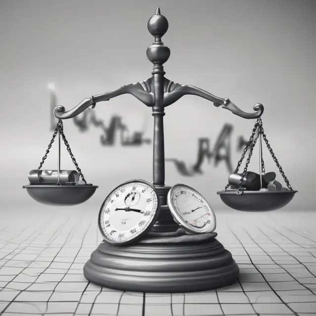 Day trader balancing scales representing wins and losses, surrounded by charts and trading tools
