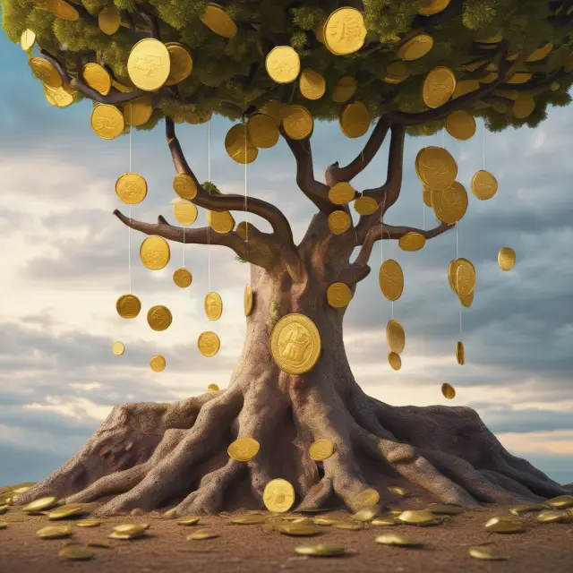 Golden coins growing on a tree representing future cash flows from an investment, with present value calculations under various discount rates