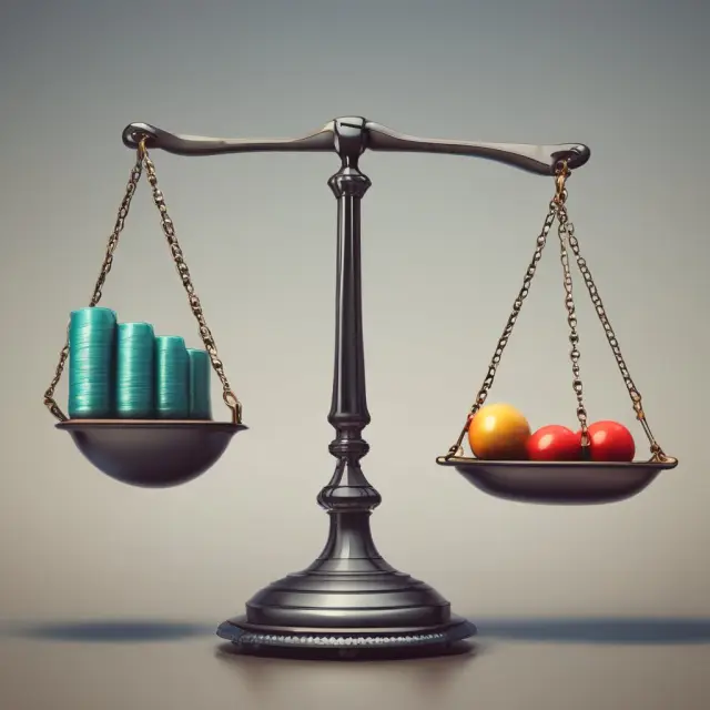 Three interconnected scales representing Degree of Operating Leverage (DOL), EBIT, and Sales. Balance between earnings and sales is visualized with weights shifting as values change.