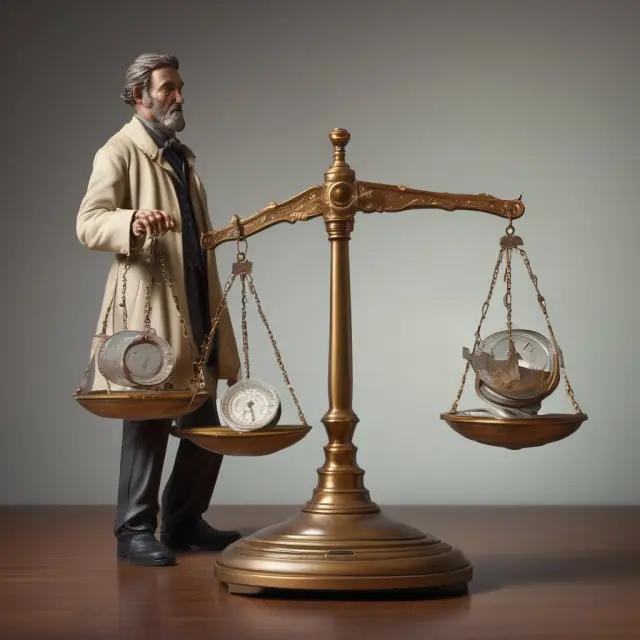 Time Traveler weighing present and future dollars to illustrate the concept of Time Value of Money in stock valuation.