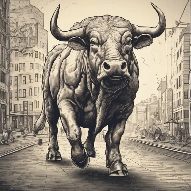 A bull market represented as a powerful animal overcoming a dead cat
