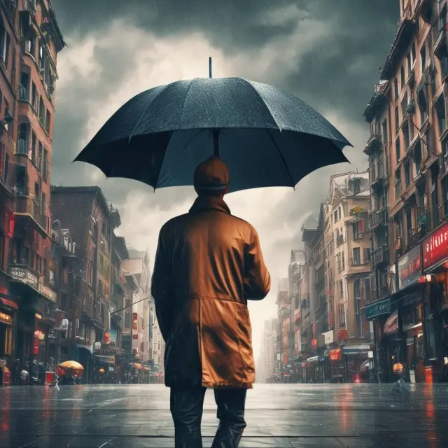 An investor, represented as a wise man holding an umbrella, shielding a diverse portfolio from turbulent financial markets and potential dead cat bounces.