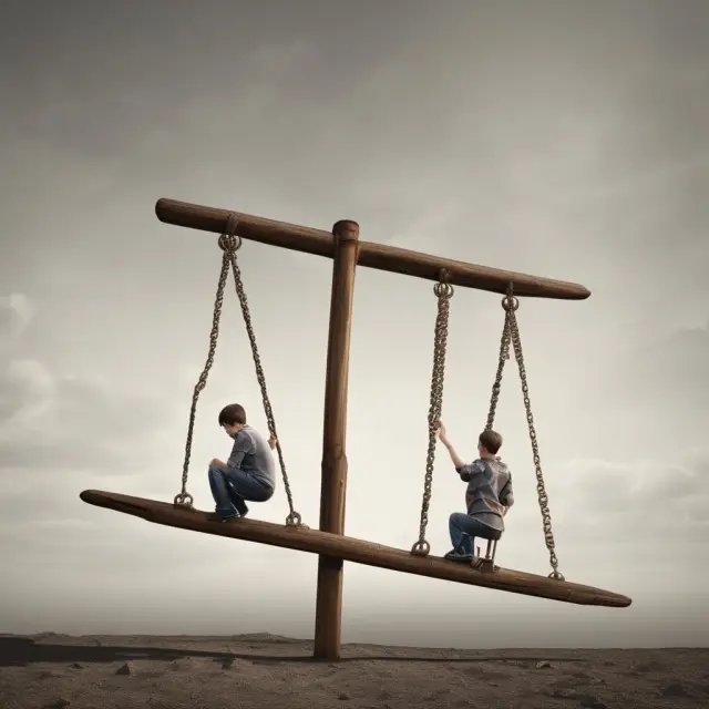 A visualization of two future generations on opposite ends of a seesaw, illustrating the concept of generational debt caused by deficit spending and inflation.