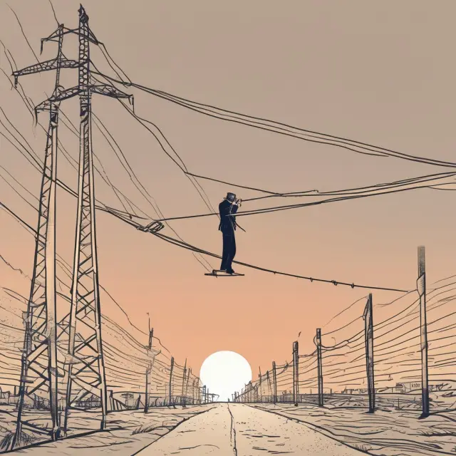 A dealer balances on a tightrope amidst a backdrop of algorithmic trading screens, MiCA and SFDR regulations, and merging financial giants