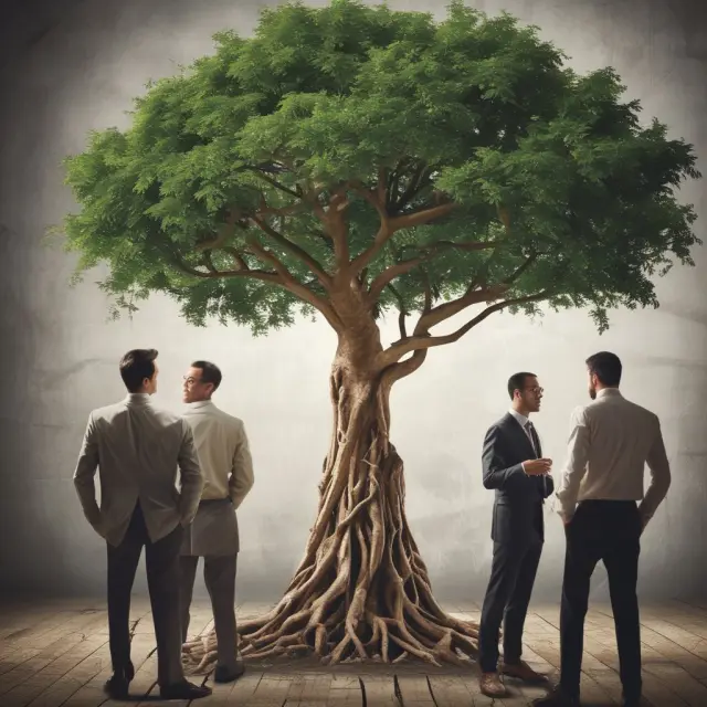 Tree symbolizing institutional investors with interconnected branches representing dealers, blooming with fruits of successful partnerships through clear communication and adaptability