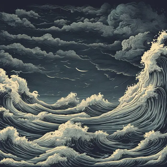Dealers braving stormy seas to manage risks in dealer markets: Information asymmetry and bid-ask spread depicted as turbulent waters, systemic risk shown as lurking sea monster