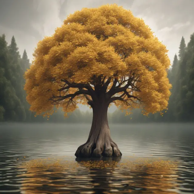 Image of a golden-leafed tree releasing its wealth into a river, representing estate taxes and inheritance values