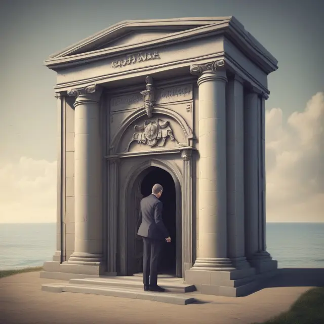 An image of a high net worth individual transferring assets into a fortified vault overseen by a trustee to protect and preserve the wealth for future generations
