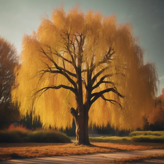 A willow tree losing leaves, with coins falling gently onto the ground below, representing wealth transfer through death taxes