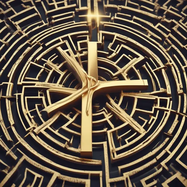Metaphorical image of golden cross and death cross intertwined in a financial maze, emphasizing the importance of comprehensive analysis for sound investment strategies.