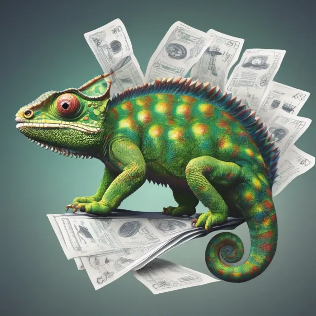 Chameleon shifting between invoice styles illustrating adaptable debit notes