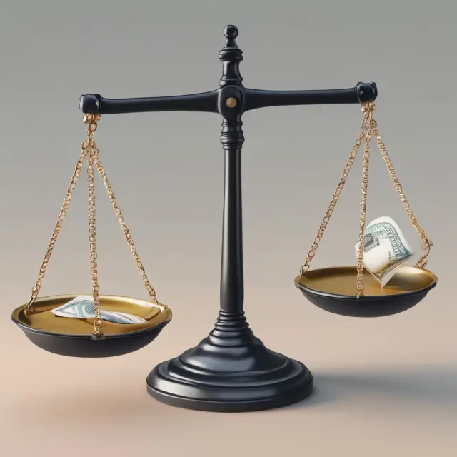 Balance scale representing debits (left) and credits (right), illustrating financial transactions