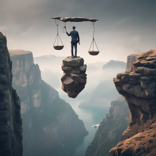 An investor precariously balances risk and reward atop a cliff edge, symbolizing the use of borrowed funds to amplify investment positions in a margin account