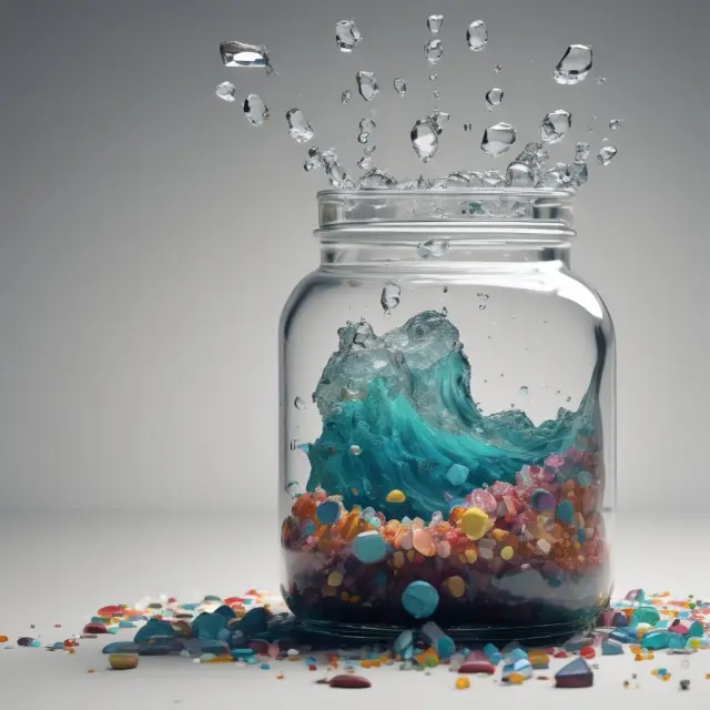 A tumultuous wave crashes against a glass jar holding borrowed gems, representing the effect of market volatility on margin account balances