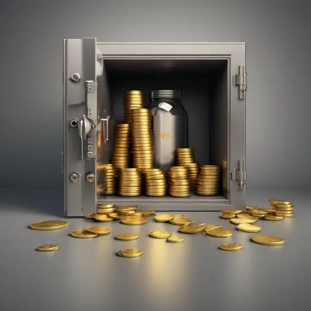 Gold coins symbolizing potential funds moving into a fee jar within a bank vault, emphasizing debit card fees