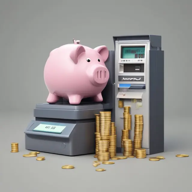 Piggy bank and ATM machine representing the pros and cons of using a debit card for managing finances