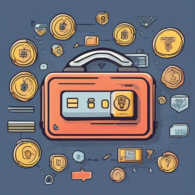 Image of a debit card with a PIN pad, cashback coins, contactless symbol, budgeting scale, and security shield to represent the various features and benefits