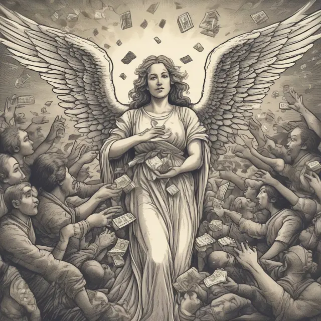 Guardian angel protecting a debit card from suspicious characters