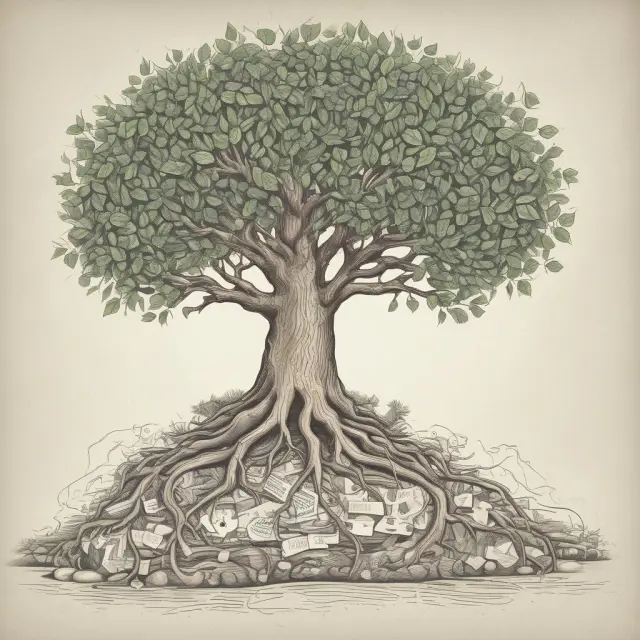A metaphorical representation of FAQs on debit cards as a tree bearing the fruits of knowledge. Branches symbolize frequently asked questions, and roots represent answers grounded in financial wisdom.