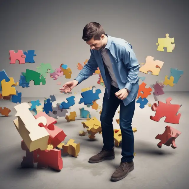 A debt collector holding a jigsaw puzzle, pieces representing delinquent debts being put back together