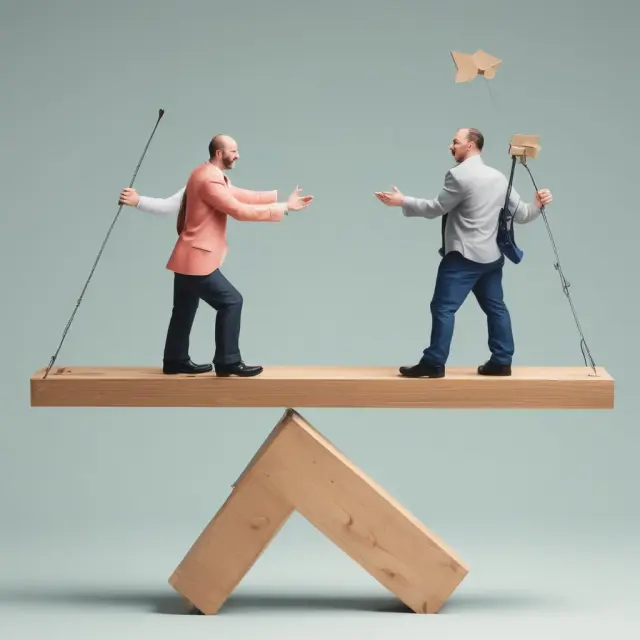 A seesaw illustrating in-house collections (control) versus third-party agencies (expertise), with a balance point representing optimal debt recovery
