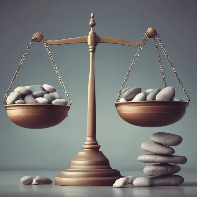 A debt collector stands atop a scale, balancing pebbles representing business and consumer debts; FDCPA-regulated consumer pebbles are smaller in number but carry legal weight