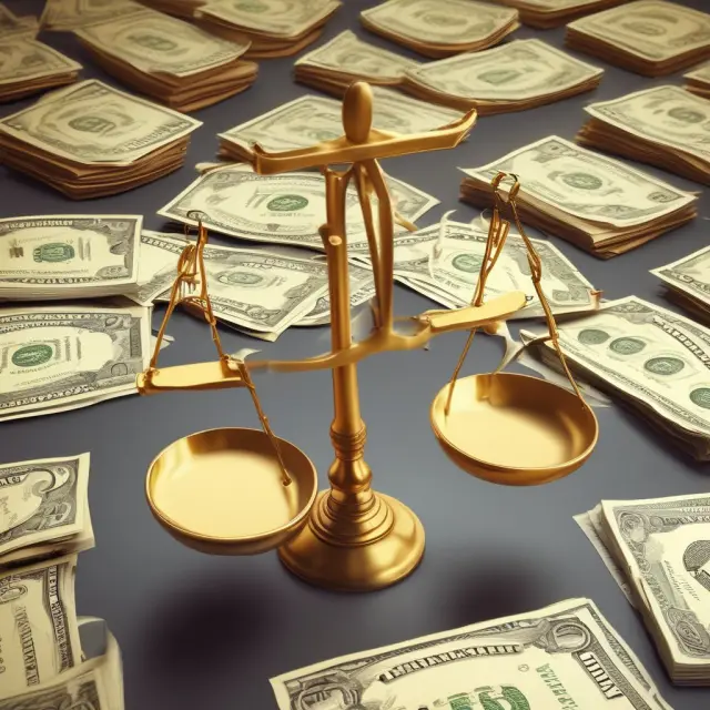 A set of golden scales with stock certificates and various liabilities balanced against one another, symbolizing a company