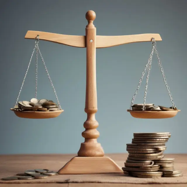 Two scales, one tipped with gold coins (equity) and the other with silver coins (debt), represent companies with varying debt-to-capital ratios. Lower ratio tilts towards more equity.