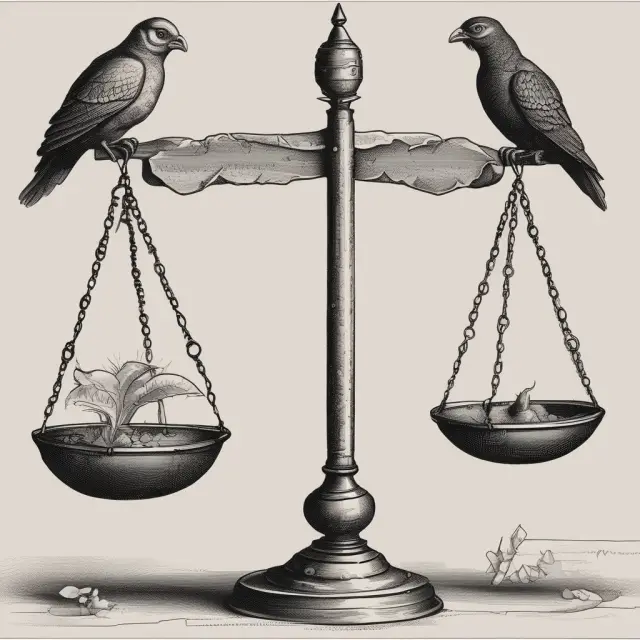 A set of scales balancing a debt pile with feathered equity, symbolizing financial equilibrium.