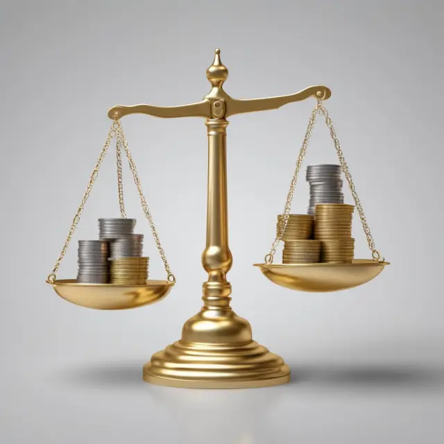 Golden scale with coins: debt balanced against equity