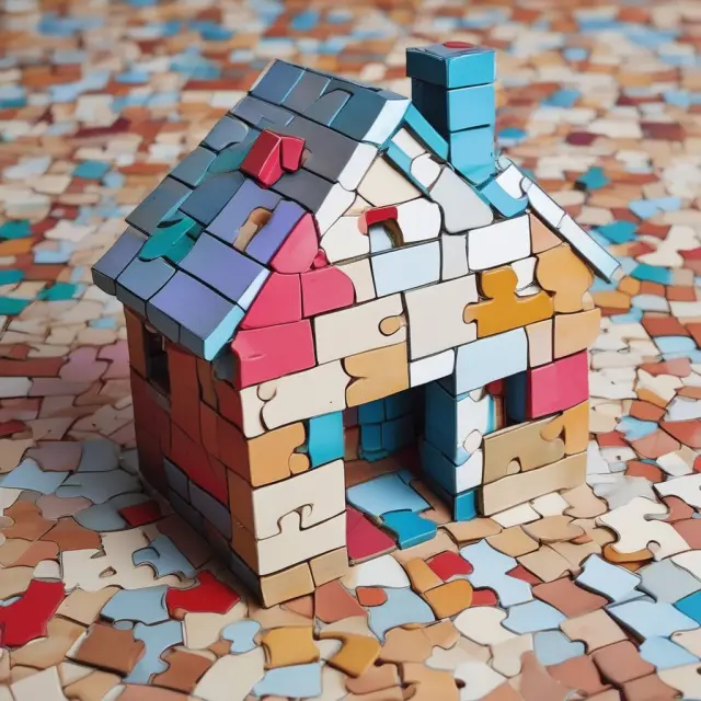 Mosaic of mortgage puzzle pieces forming the walls of a house, representing the process of acquiring property through debt.