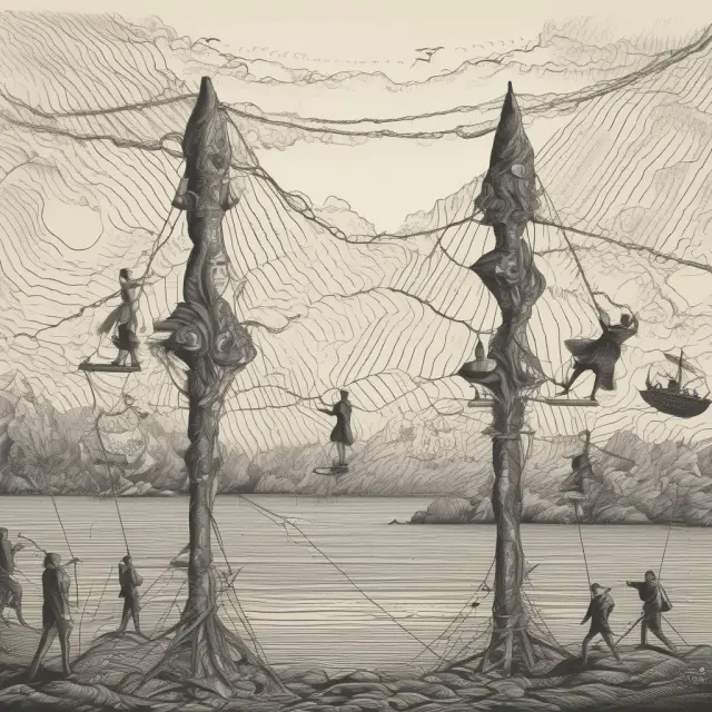 Interest rates and borrowing costs visualized as scales, with investors on a tightrope over the financial sea of debt