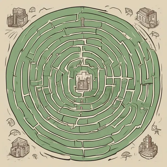 A complex labyrinth symbolizing different types of debt - secured, unsecured, revolving, and corporate - representing the intricate nature of managing financial obligations.