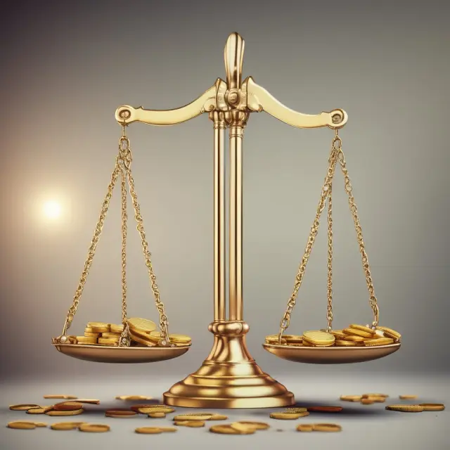 A set of scales balancing gold coins symbolizing companies