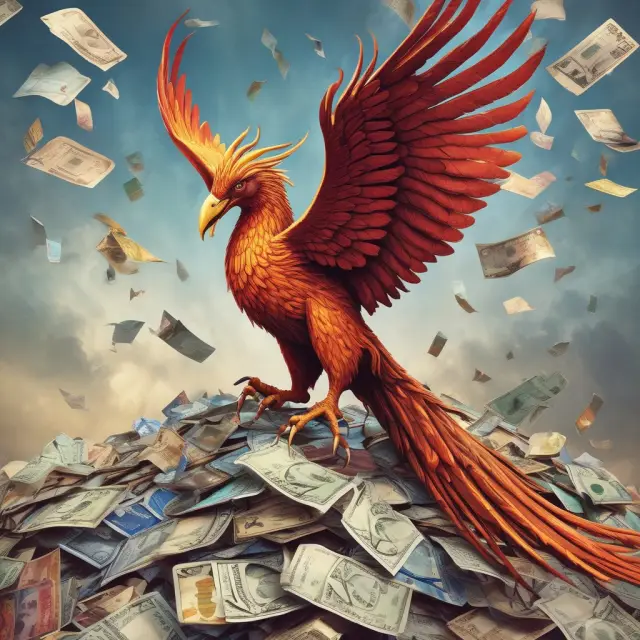 Image of a majestic phoenix emerging from a stack of credit cards, emphasizing the potential for financial renewal through debt consolidation.