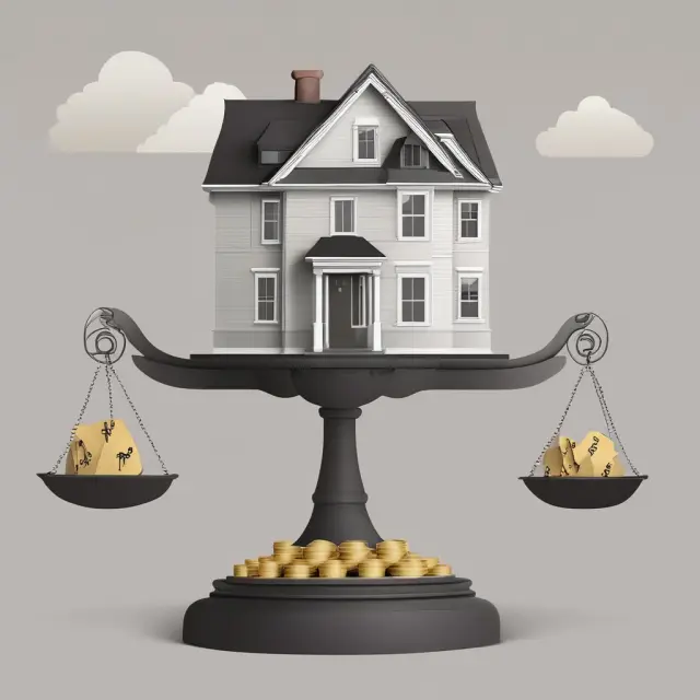 A homeowner standing on a balance scale, with a house representing equity loan