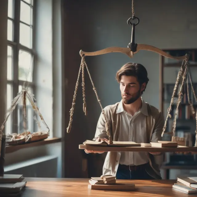 Student weighing federal and private loans on a balance scale with the option to consolidate.