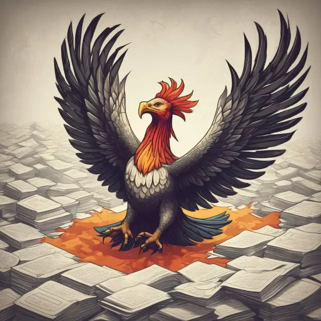 A mythical Phoenix emerging from piles of consolidated debts, illustrating the positive impact on credit scores